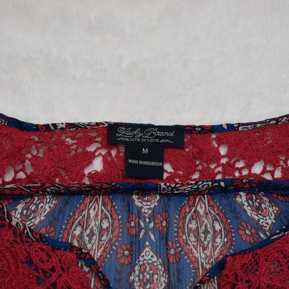 Lucky Brand Floral Crochet Peasant Blouse Sz M Crinkle Sheer Southwestern Boho - Picture 11 of 16